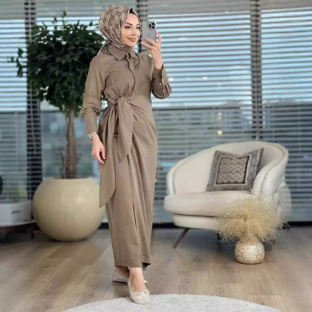 فساتين نسائية ضيقة الخصر قابلة للطي بأربطة بقصة ضيقة وأكمام طويلة فستان سادة بياقة مقلوبة مقسمة مستقيمة فيستدوس عتيقة 2025