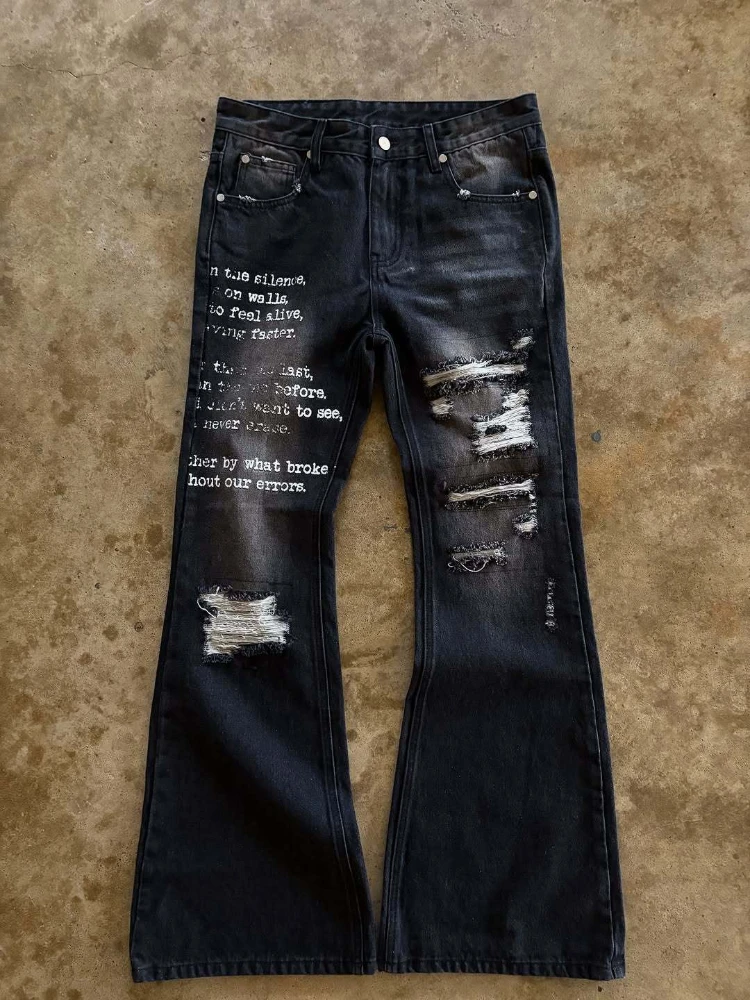 

Broken hole high waisted design, dark denim jeans, hip-hop style, straight tube loose fit, reflecting street pants for men