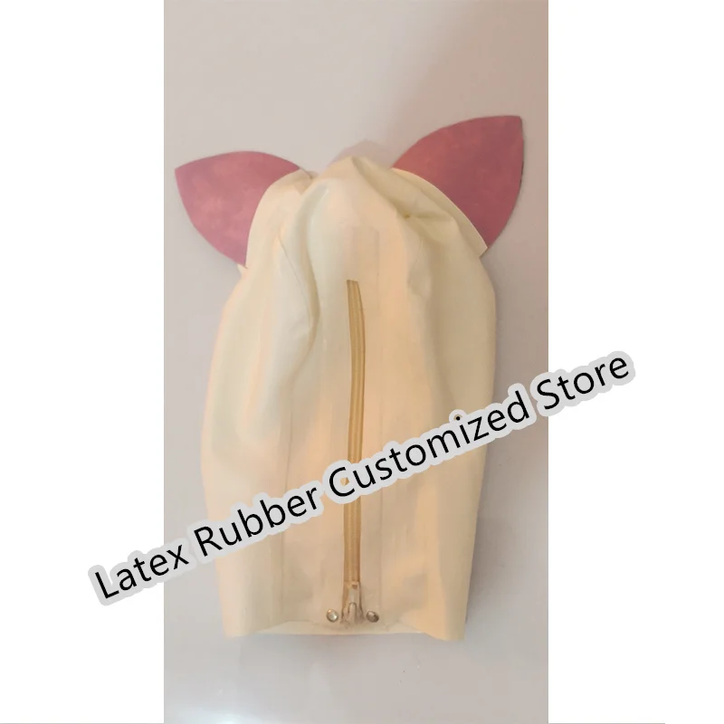 White Latex Mask Cosplay Pink Cat Ear Black Eye Trim Woman Rubber Hood Back Zipper Sexy Fetish Latex Headgear Customized XS-XXL