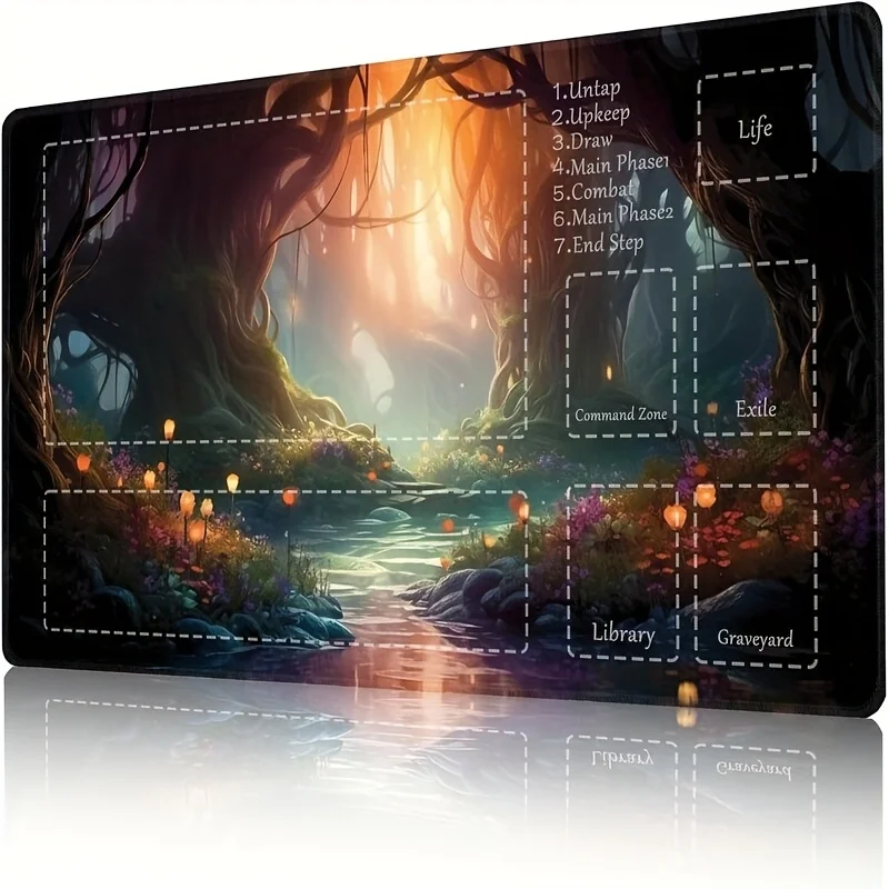 Playmat tapete de jogos de borracha antiderrapante com paisagem de floresta mística, grande 24x14 Polegada mesa rpg tapete acessórios para pc almofada de mesa