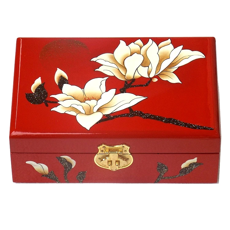 

Chinese Handwork Retro Wood Box Lock 2 Layer Flower Painting Wedding Jewelry Box with Mirror Gorgeous Display Boxes Storage Case