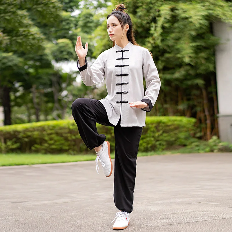 Women's Cotton Linen Tai Chi Uniform 2026 New Arrival - Martial Arts Practice & Performance Chinese Style Frog Button Set