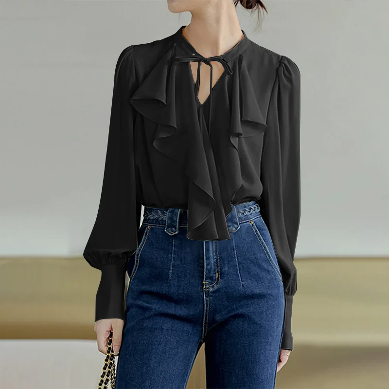 

Elegant Blouse Long SLeeve Casual Solid Ruffled Lace Up Cover Shirts 2025 VONDA V-Neck Bohemian Tops Oversized Blusas