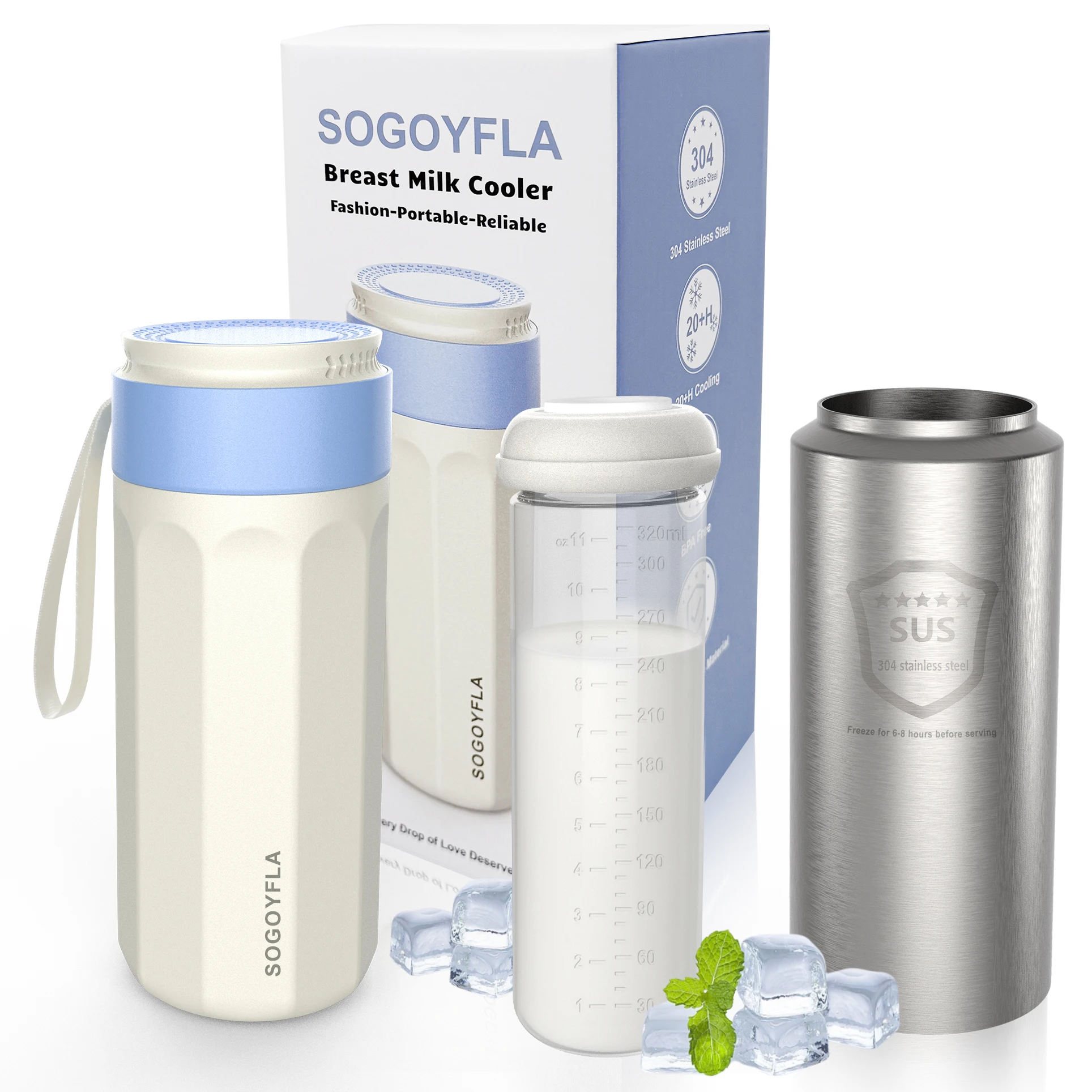 Portable Breastmilk Cooler for Outdoor, with 11oz Baby Bottle, 360° Stainless Steel Cooling Tube for 24 Hours Continuous Cooling