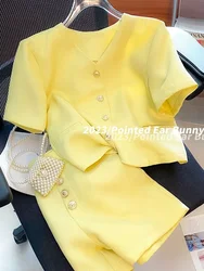 V Neck Short Sleeved Tweed Jacket 2 Piece Sets Womens Outfits Wide Leg Yellow Shorts Femme Casual Crop Coat Preppy Shirts