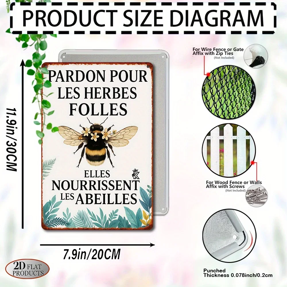 2D Flat, 1pc Vintage Bee Metal Tin Sign - Rustic Wall Decor Plaque with French Beekeeping Quote, 20.07cm x 30.23cm Iron Art for