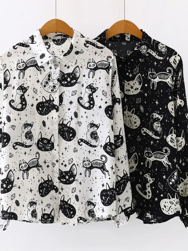Camicia con bottoni stampati con gatto di nuova moda da donna primavera autunno Top a maniche lunghe con colletto casual in raso dal design ampio per le donne