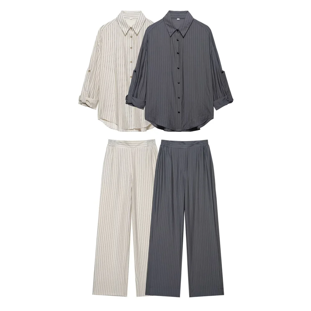 

UNIZERA Women's Versatile Adjustable Long Short Sleeve Striped Collar Shirt Pants Spring/Summer New Women's Wear