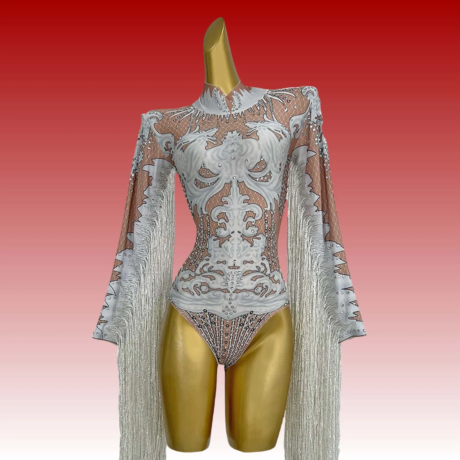 Baitiane Rhinestone Tassel Leotard Dress for Women's Latin Jazz Dance Performance Clothes Ballroom Fringed Samba Tango Dresses