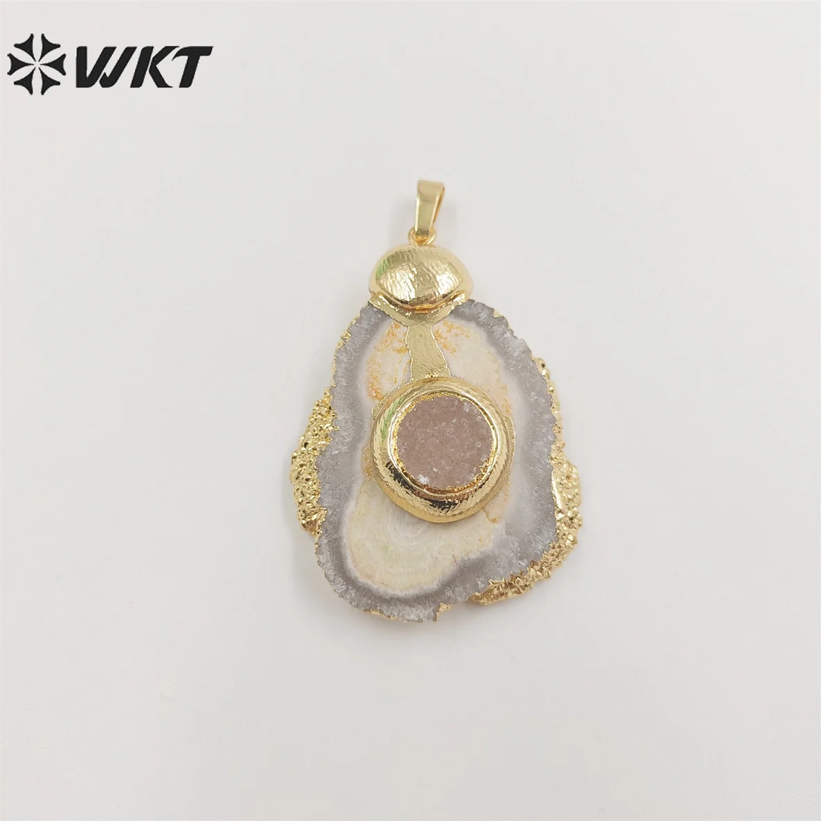 WT-P1852 Amazing fashion gold trim Stalactite stone pendant with Druzy quartz and Pearl Natural stone cut Flower pendaants