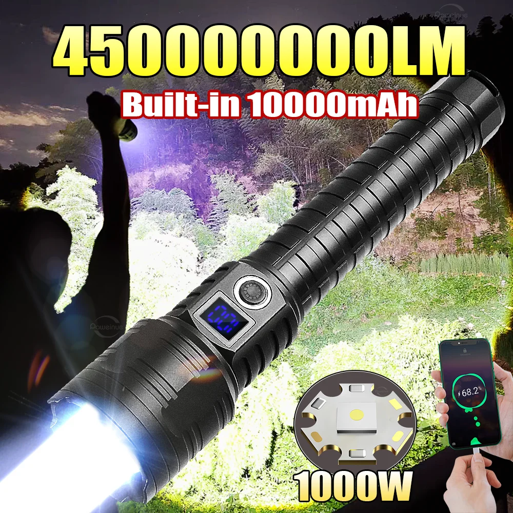 Мощный 10000mAh аккумуляторный фонарь Сильный свет Тактический факель Зум Длинный выстрел 5км Проектор 5 режима Кемпинг светодиодный фонарь