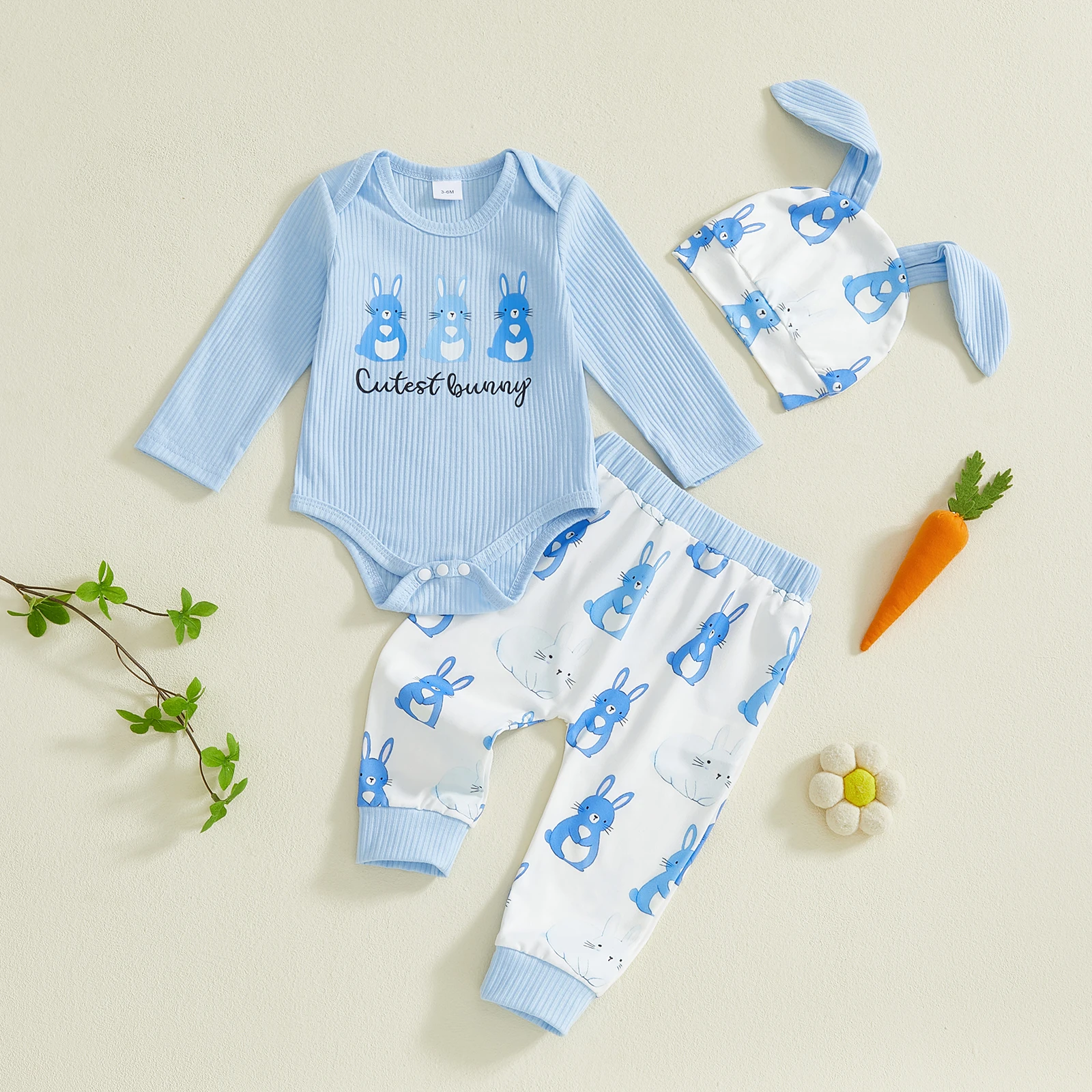 Infant Girls Boys Easter Outfits Long Sleeve Crew Neck Bunny Print Romper Elastic Waist Pants Hat Set Cute Baby Easter Costume