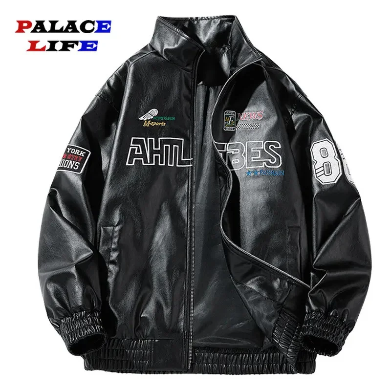 Spring Autumn PU Leather Motorcycle Embroid Racing Men Baseball Bomber Jacket Unisex Women High Street Coat Couple Casual chic