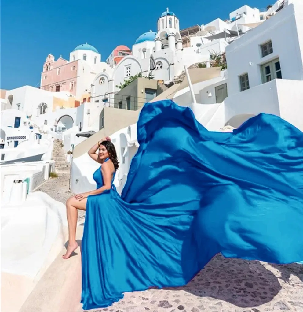 2026 sexy blauwe lange vliegende avondjurken voor fotoshoot lange treinjurk galajurken vloeiende jurk satijn
