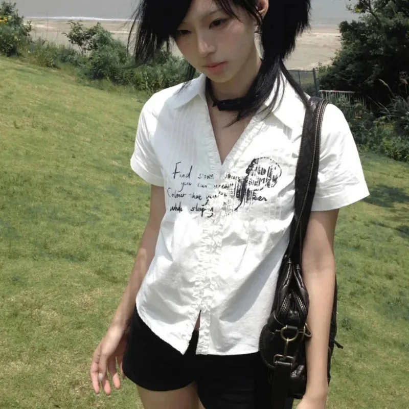 

Aesthetic Y2K Pleated Shirt Letter Skull Print White Shirts Grunge Gothic Women 2000s Style V-neck Blouses Japanese Harajuku Top