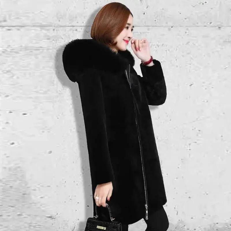 الشتاء فو الفراء سترة سوداء مقنعين سترات معطف رشاقته السيدات الدافئة معطف طويل 5XL يندبروف الثلوج ملابس خارجية JJ784