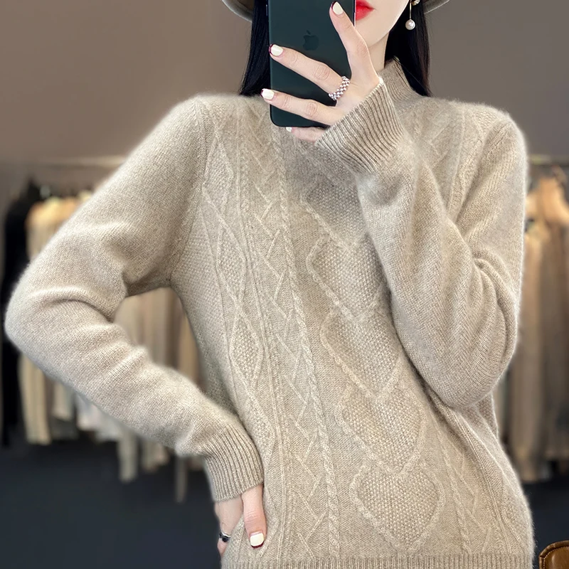 

100% Pure Cashmere Sweater Women Autumn Winter New Half Turtleneck Cashmere Sweater Loose Long-sleeved Lean Knit Bottom Sweater