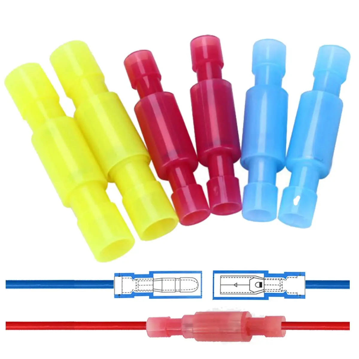 50 Stück/100 Stück Bullet-Schnellkupplungs-Drahtverbinder, 22–10 AWG männlicher und weiblicher Draht-Crimp-Anschluss 22–18 AWG rot, 18–14 AWG blau