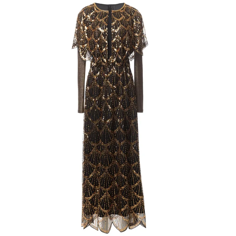 

Meyyithun Women's Dress Fashion design High End Luxury Gold Wire Sequin Bead Long Sleeved Round Neck Mesh Dress Long Dress