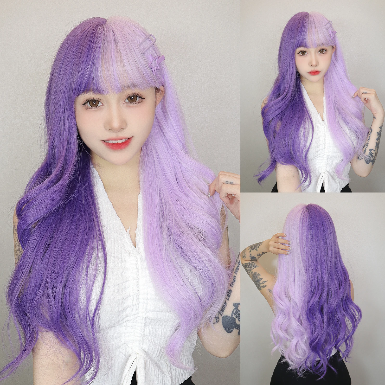 

Half Purple Synthetic Wigs with Bangs Long Water Wavy Colored Cosplay Lolita Wig for White Women Party Use Hair High Temperature