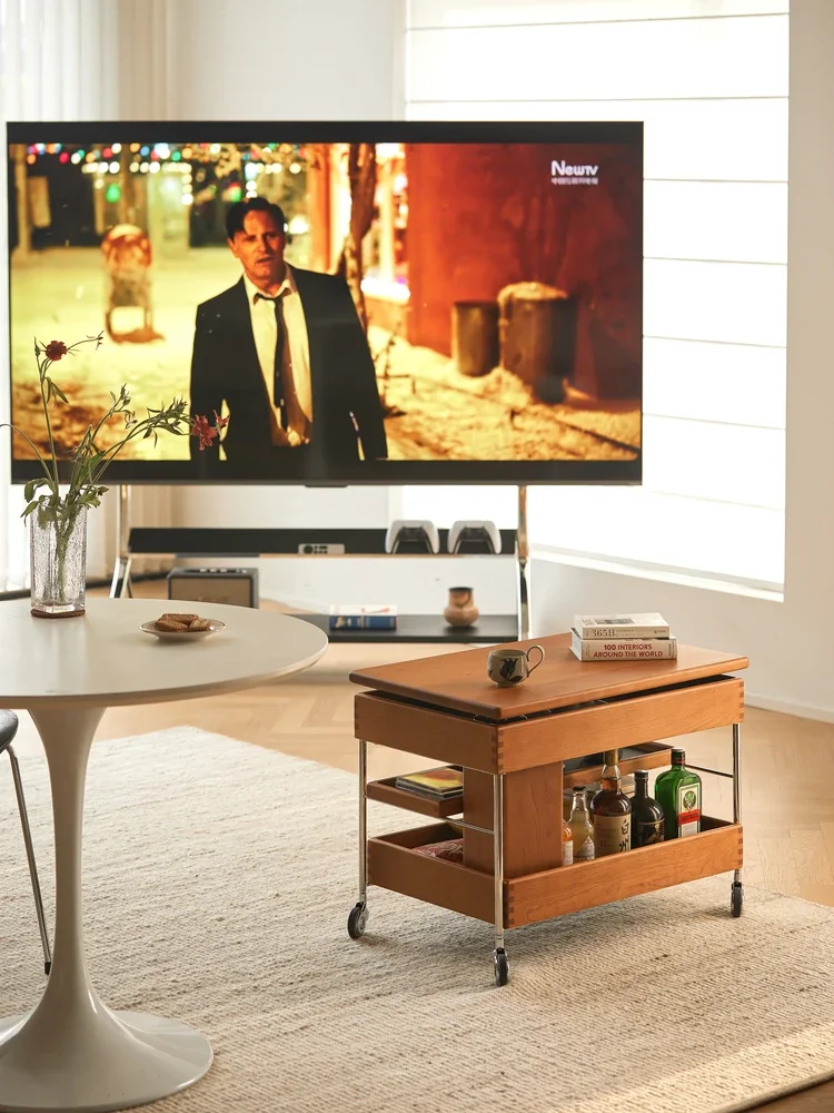 Movable lifting coffee table, living room sofa side few medieval solid wood small apartment storage trolley
