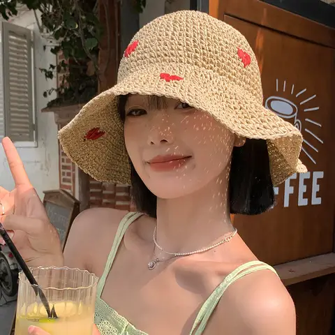 여성용 통기성 빨대 빨대 모자, 해변 휴가 접이식 태양 보호 어부 모자, 여름 신상