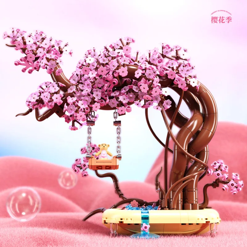 Mini Romatic Tree House Swing Building Brick para crianças, brinquedos de montagem para meninos e meninas, ideias DIY Sakura Blossom, Natal