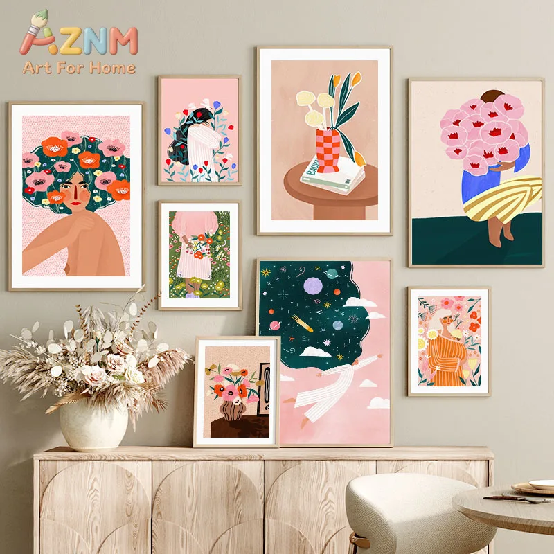 AZNM Abstract Woman Flower Figure Canvas Wall Art, Bohemian Floral Lady Universe Poster, Modern Aesthetic Living Room Bedroom Ho