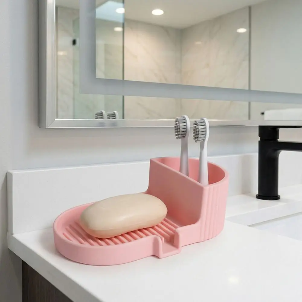 

Portable Silicone Soap Dish Solid Color Inclined Drain Self Draining Soap Box Anti-slip with Storage Container