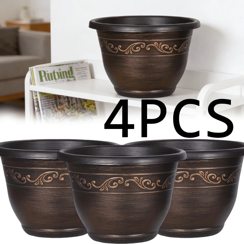 Vasi in plastica per piante e fiori con foro di drenaggio e sottovaso, confezione da 4, leggeri, piccoli, in resina, per interni ed esterni, set di contenitori da giardino decorativi in stile retrò e