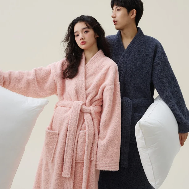 

Winter Thicken Flannel Couple Long Robe Sleepwear Solid Colour Warm Coral Fleece Kimono Bathrobe Gown with Pocket Loose Homewear