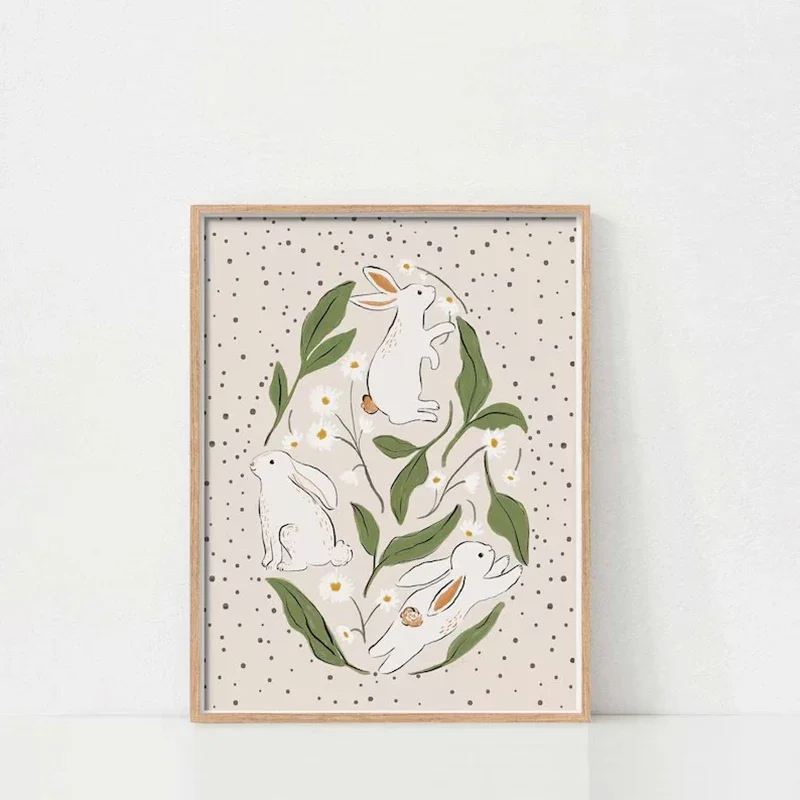 Multiple sizes 1pc frameless Canvas Painting Spring Floral Bunny Print, Daisy Floral Art, Prints Wall Art, Easter Wall Art, East