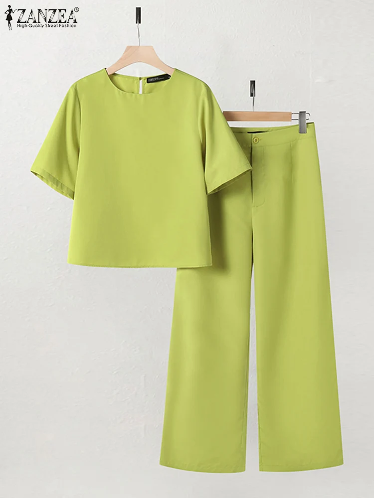 Summer Women Work Matching Sets ZANZEA 2PCS Fashion Tracksuits O Neck Short Sleeve Blouse Wide Leg Pant Sets Elegant Suit