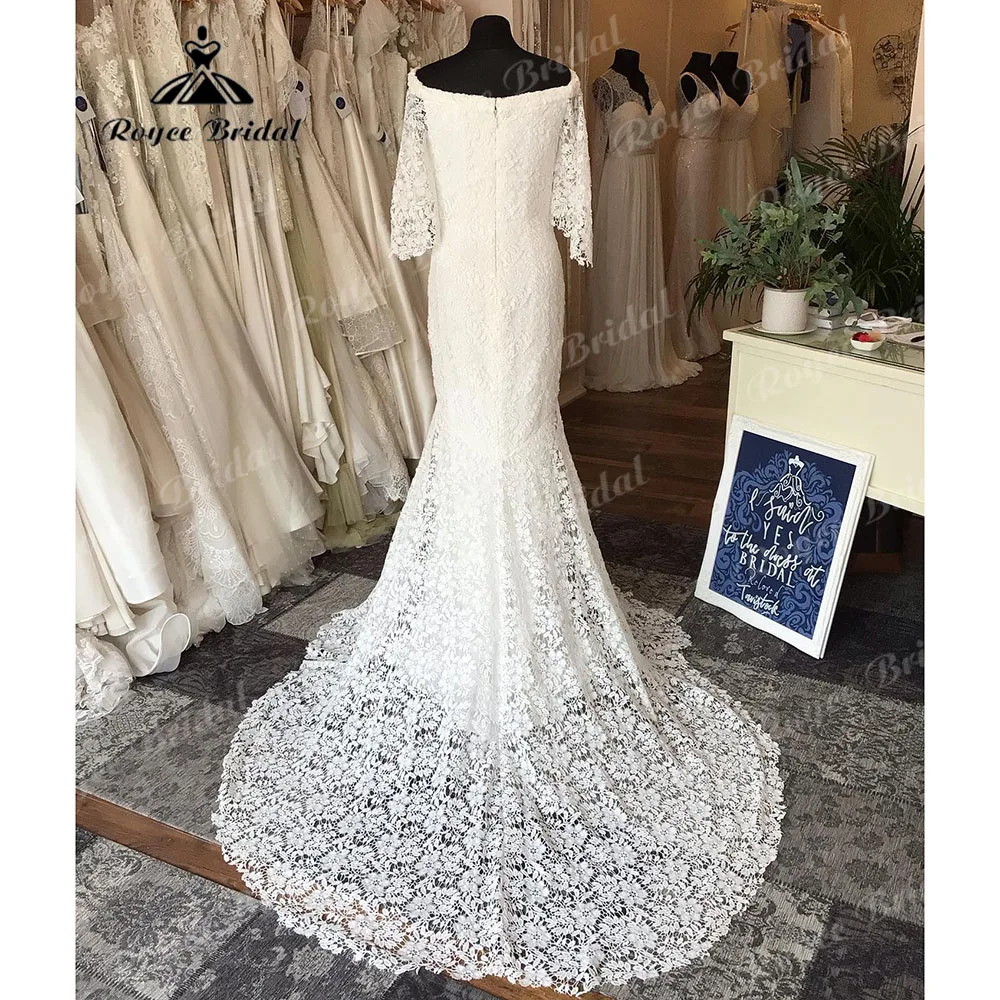 Luxury Full Lace Mermaid Boho Wedding Dress for Bride 2024 Short Sleeve Wedding Gown for Women vestido de noiva sereia Roycebrid