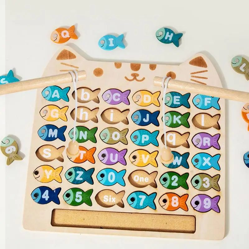 Magnetic Fishing Game Cute Cat Shape Wooden Fishing Game Interactive Fine Motor Skills Toys with 2 Poles Fish Catching Game for