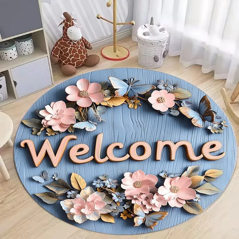 Sunflower Round Area Rug Kids Room Welcome Carpet Soft Non-Slip Floor Mat Wooden Texture Fence Design Living Room Decor Rug