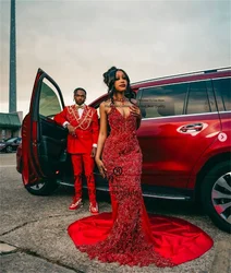 Luxury Lace Applique Beaded Africa Prom Dresses Sexy Scoop Neck Aso ebi Evening Gowns Sweep Train Customized Formal Party Dress