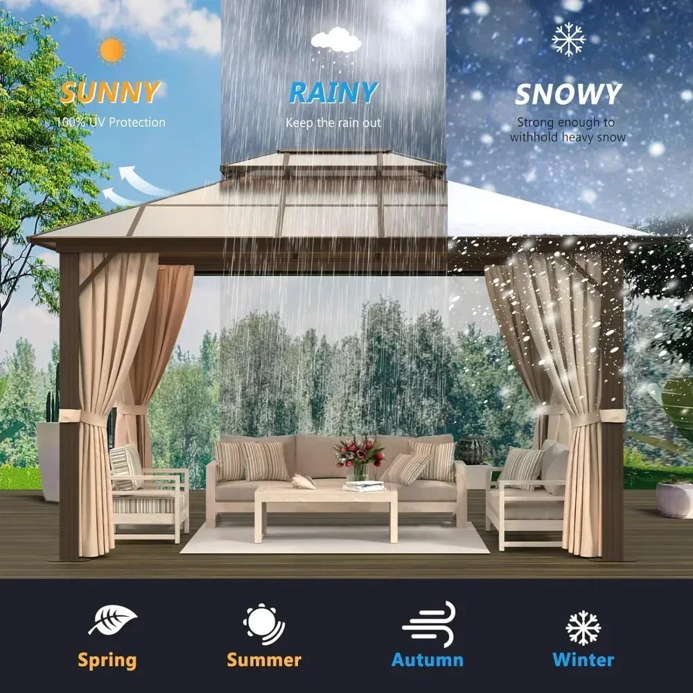 

# Альтанка для патио на открытом воздухе размером 10 x 12 футов, постоянный павильон в алюминиевой раме с сеткой и шторами, уличная беседка из поликарбоната #