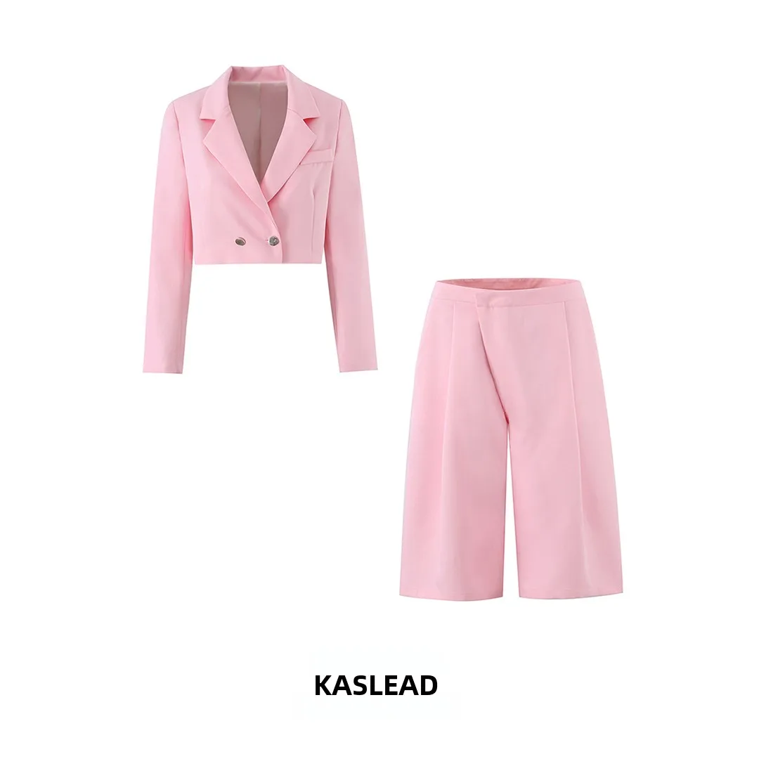 KASLEAD New Women's Fashion Suit with Shoulder Pads Short Set Autumn Summer Two-Piece Set Workwear School Uniform