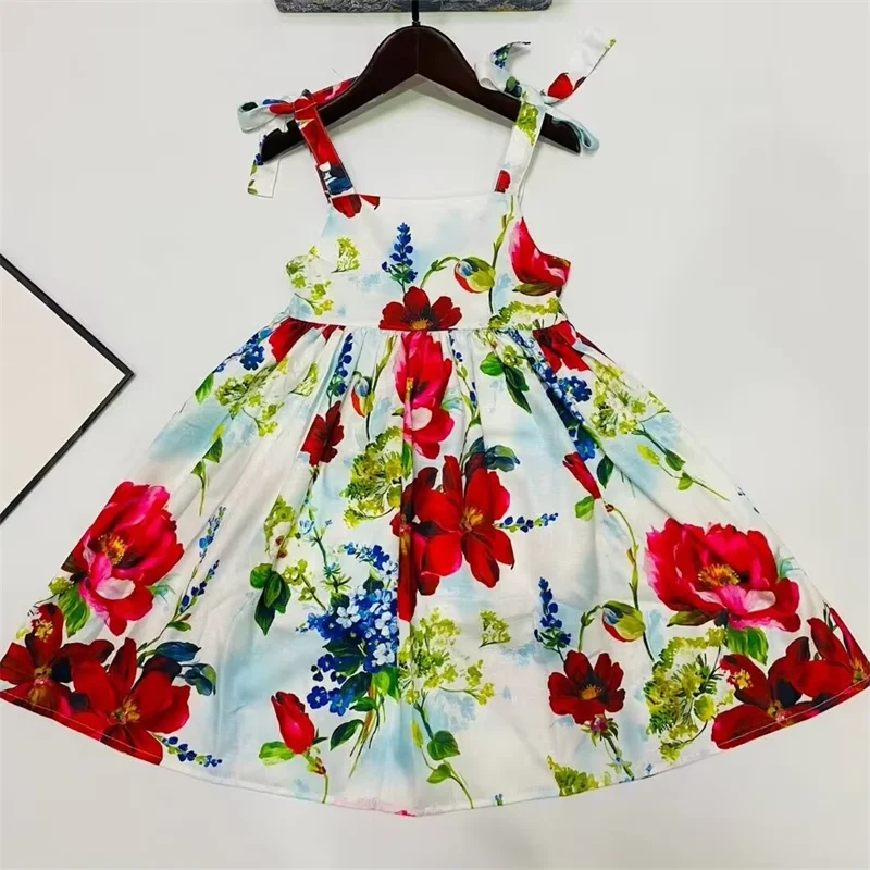 

New girl dress flower cotton baby dress green sling dress children's clothing wholesale