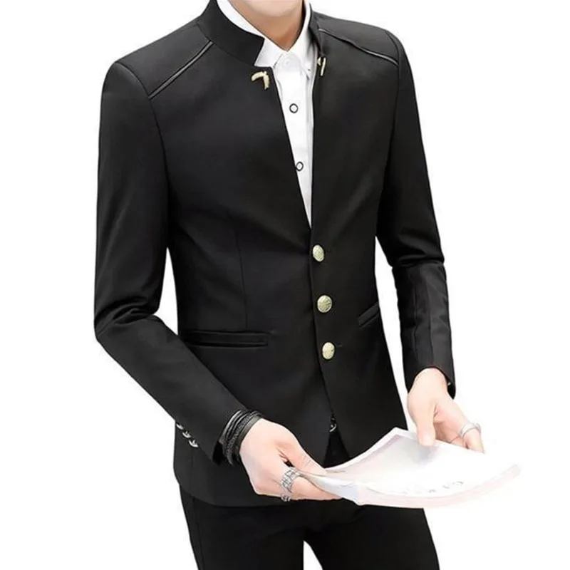 

Stand Collar Men Casual Blazers British Style Three-Buttons Single Breasted Suit Jacket With Wheat Stalks Collar Pin