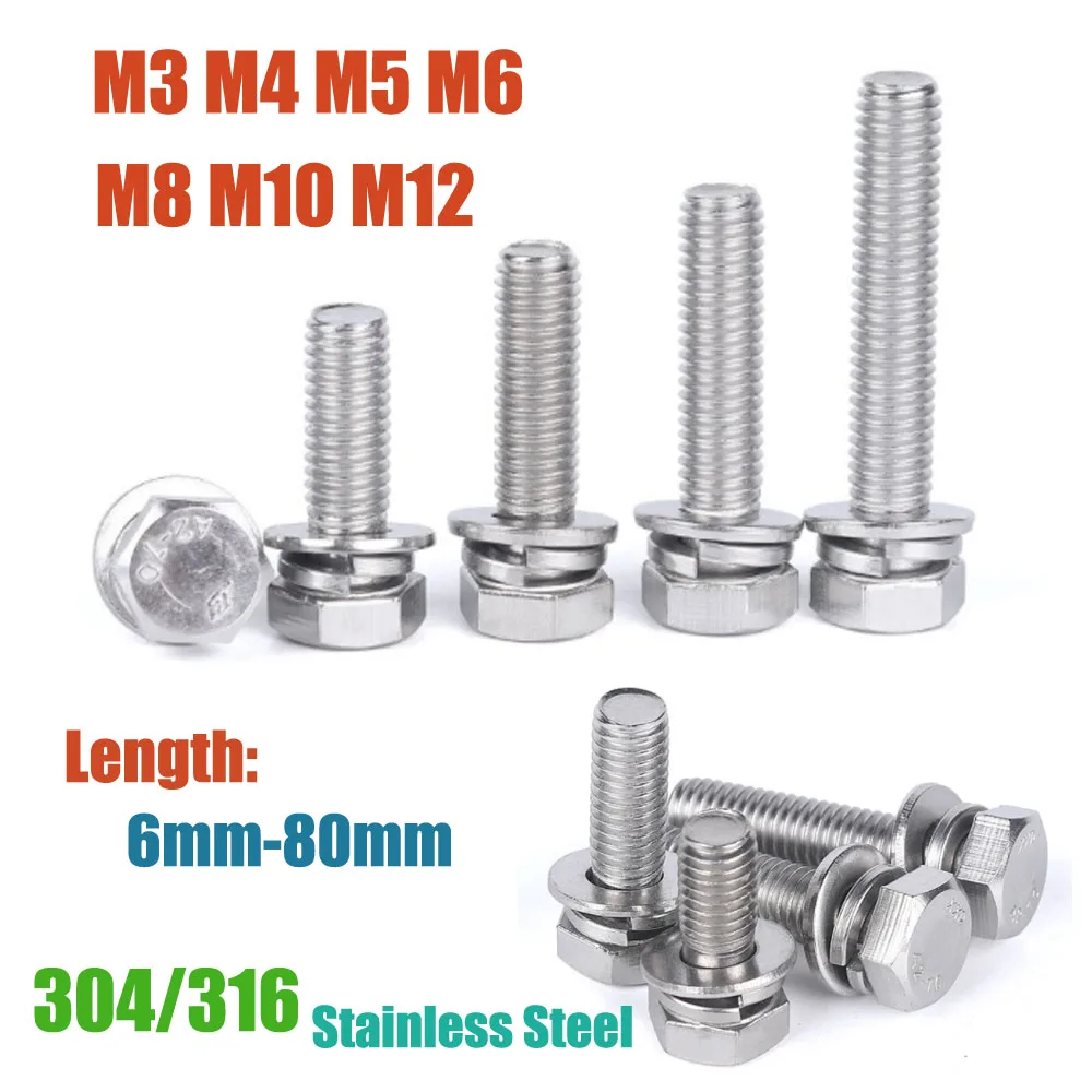 304/316A4 Stainless Steel External Hexagon Screws Set Bolt Outer Hex Screw Bolts With Flat Washer Spring Gasket M3/4/5/6/8/10/12