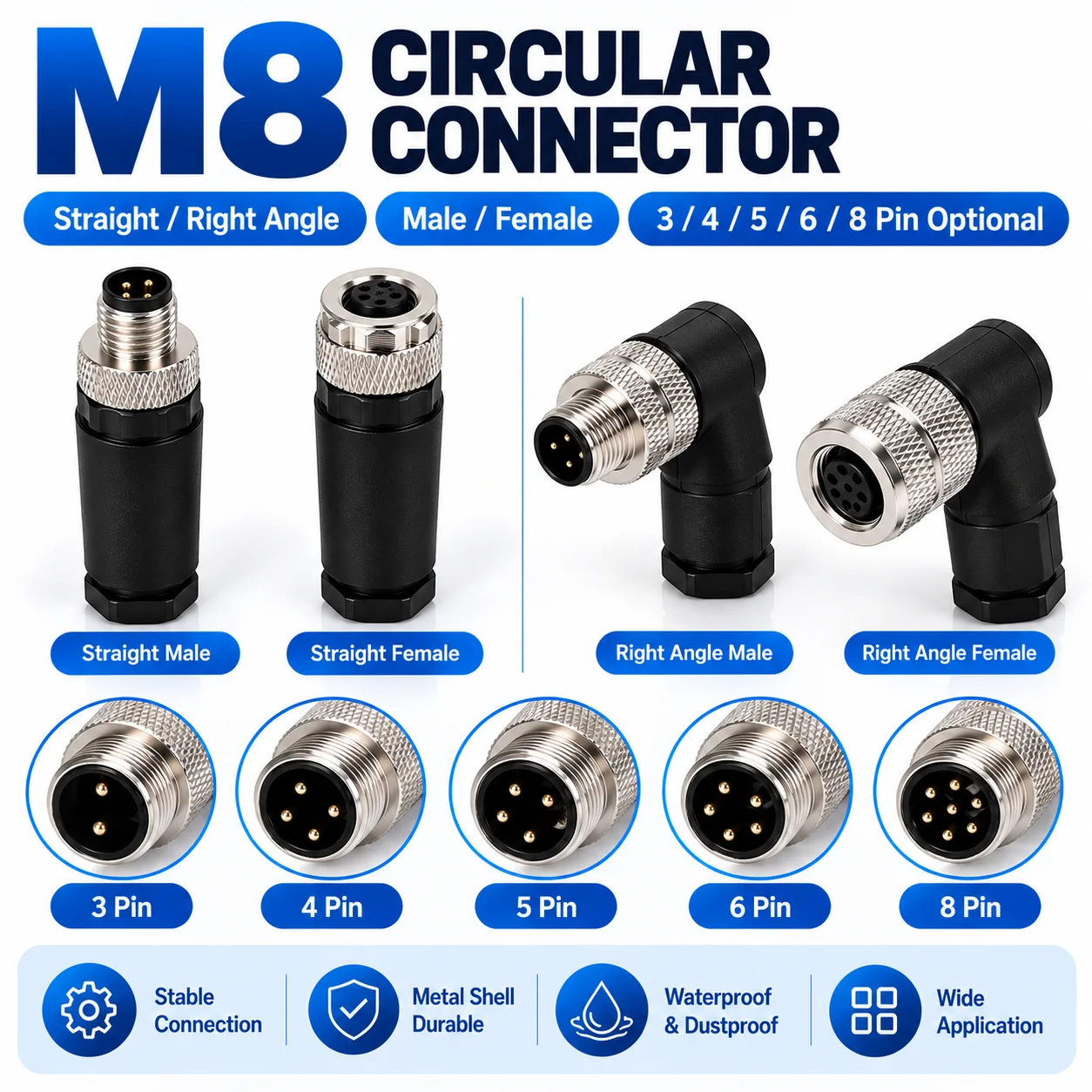 M8 A Coded Field Wireable Connector IP67 Waterproof 3 4 5 6 8 Pin Solder Male Female Straight Right Angle Sensor Cable Plug