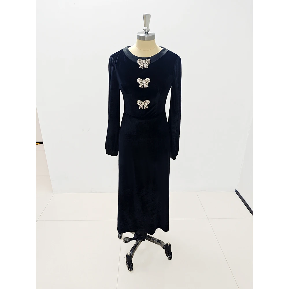 Black Women Evening Dress Long Sleeve O-Neck Tea-Length Velvet Straight Bow Special Occasion Elegant Female Prom Party 2025