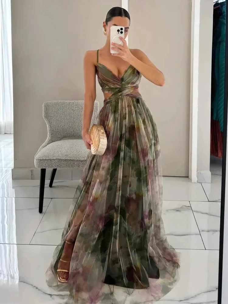 Women's S-XL Size Spring Summer Mesh Printed Hanging Dress Holiday Leisure Party Fashion Slimming Versatile Lady‘s Party Dress