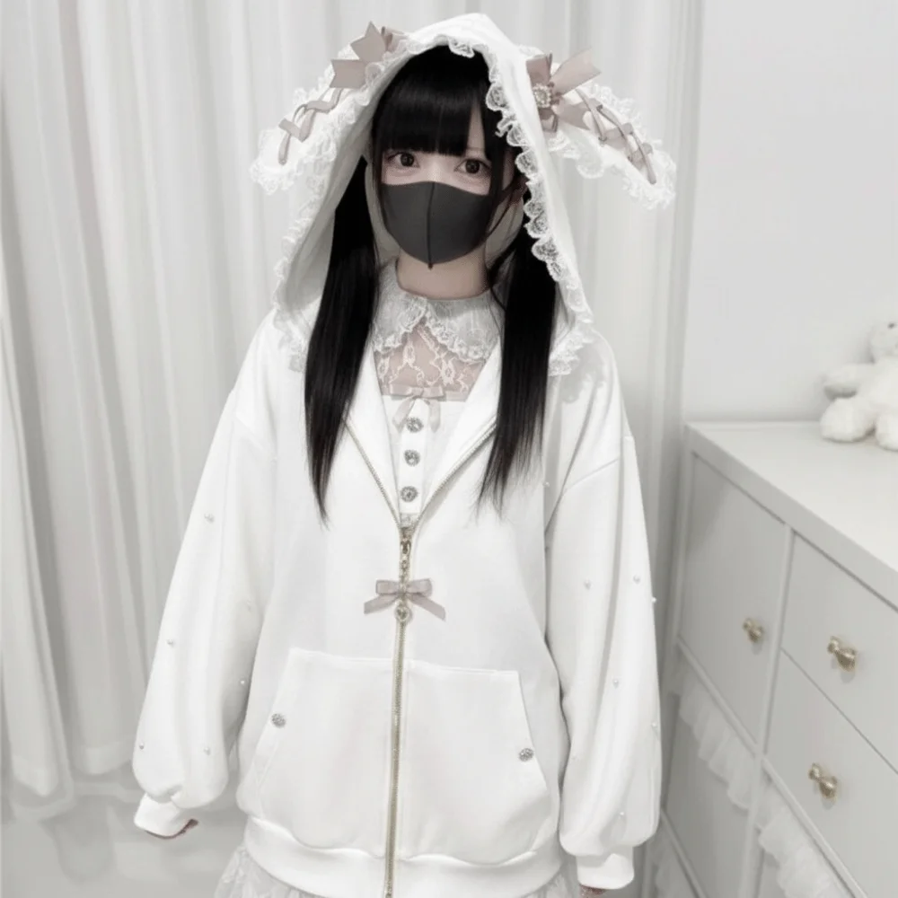 

Korean Long Sleeve Strapped Rabbit Ear Hoodie Lolita JK Winter Autumn Rabbit Ear Hoodie Kawaii Thick Warm Lace Bow Coats Female