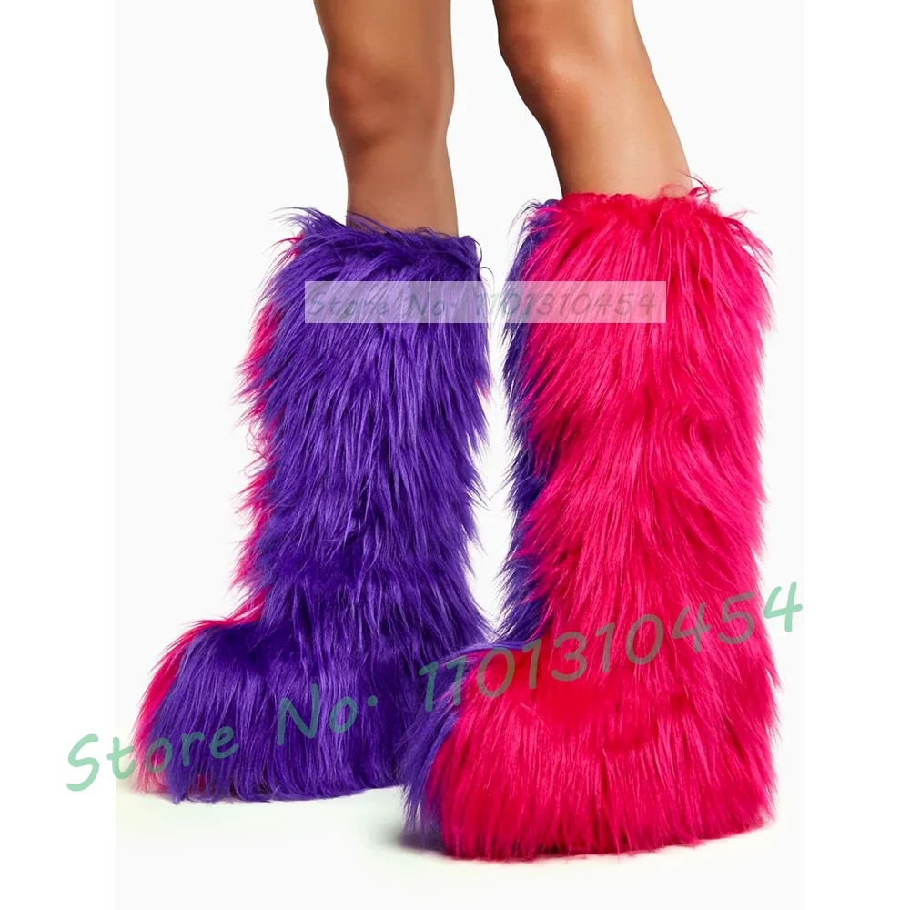 

Mixed Color Fur Platform Knee High Boots Sexy Ladies Round Toe Chunky High Heels Snow Boots Women Winter Big Size Side Zip Shoes