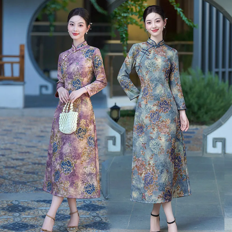 New Velvet Chinese Style Long Sleeved Qipao Improved Women's Retro Dress Spring and Autumn Qipao Classic Female Chinese Dress