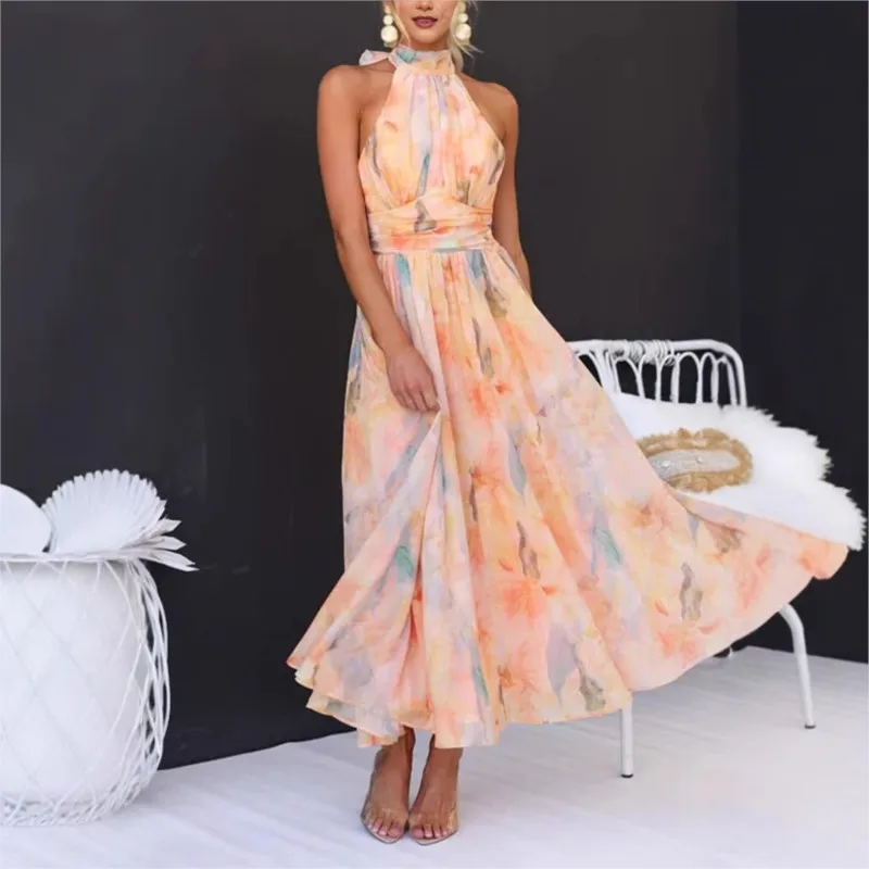 

Color Blocked Elegant A-line Dress Summer Women's Fashion Hanging Neck Design High Waisted Dresses Ladies Sleeveless Vestidos