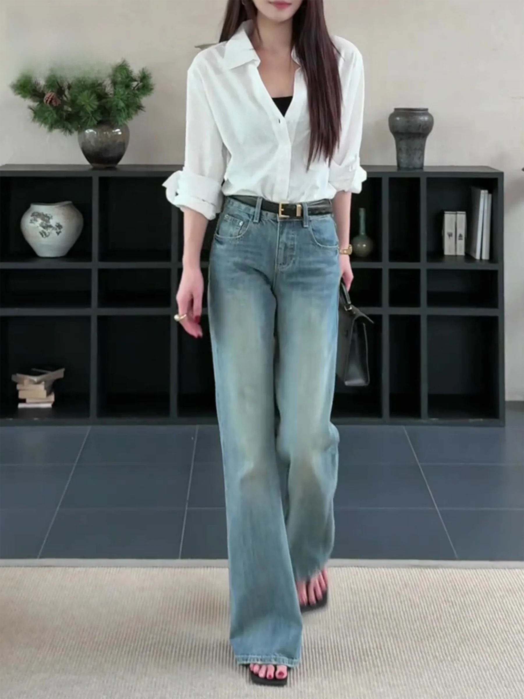 

Джинсы-клеш в американском стиле для женщин, с высокой талией, свободного кроя, удлиненные, повседневные, весна-лето